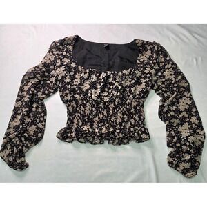 Windsor Women's Small Smocked Dark Floral Milkmaid LS Crop Top Delicate Boho y2k